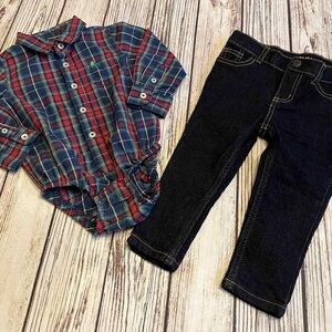 Boy's Bundle Outfit Set Christmas Plaid BUM Bodyshirt & Oshkosh Jeans 18 Months
